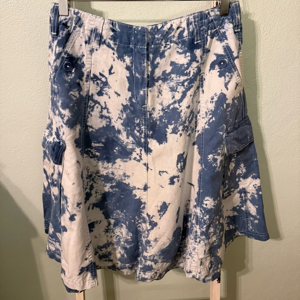 Sundance Navy White Tie Dye A-Line Cargo Linen Cotton Skirt Size 6 Women